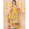 Dropship Girl's Rayon Printed Codding Lace Anarkali-Style Suit (Yellow)