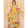 Dropship Girl's Rayon Printed Codding Lace Anarkali-Style Suit (Yellow)