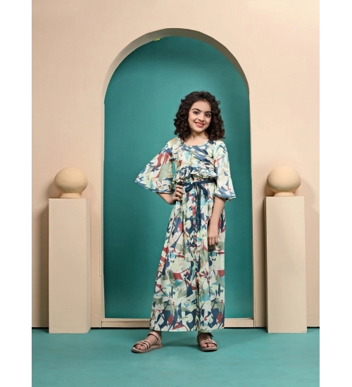 Girl's Maslin Printed Crop Top And Skirt Set (Multicolor)