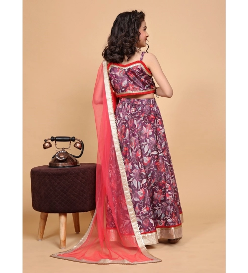 Girl's Chiffon Printed Lehenga Choli Set (Maroon)