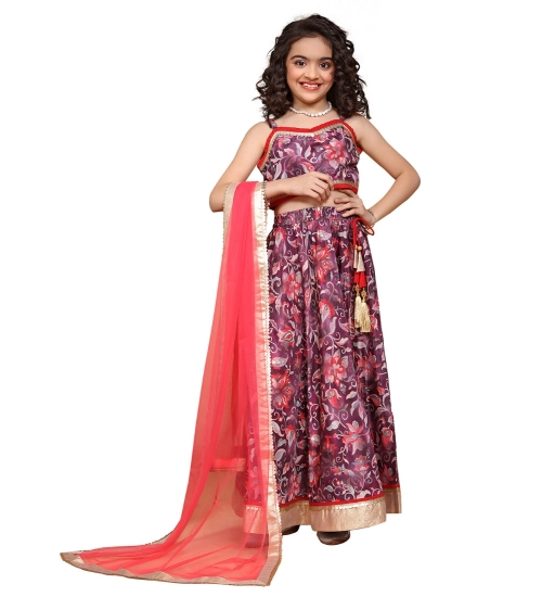 Girl's Chiffon Printed Lehenga Choli Set (Maroon)