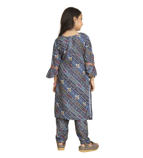 Girl's Maslin Embrodrery Lace Aliya Cut Top With Bottom Dupatta Set (Blue)