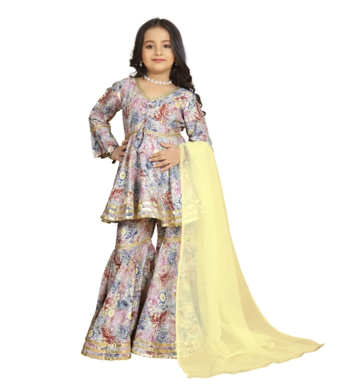 Girl's Maslin Embrodrery Lace Aliya Cut Top With Sharara Dupatta Set (Baby Pink)