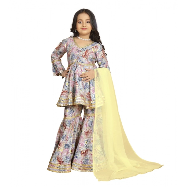 Dropship Girl's Maslin Embrodrery Lace Aliya Cut Top With Sharara Dupatta Set (Baby Pink)