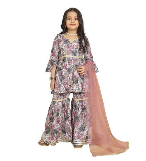 Girl's Maslin Embrodrery Lace Aliya Cut Top With Sharara Dupatta Set (Pink)