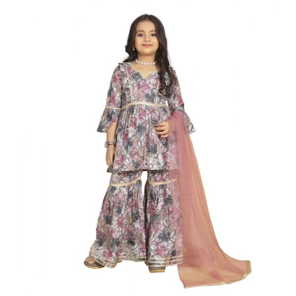 Dropship Girl's Maslin Embrodrery Lace Aliya Cut Top With Sharara Dupatta Set (Pink)