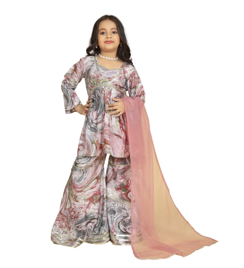 Girl's Maslin Embrodrery Lace Aliya Cut Top With Sharara Dupatta Set (Pink)