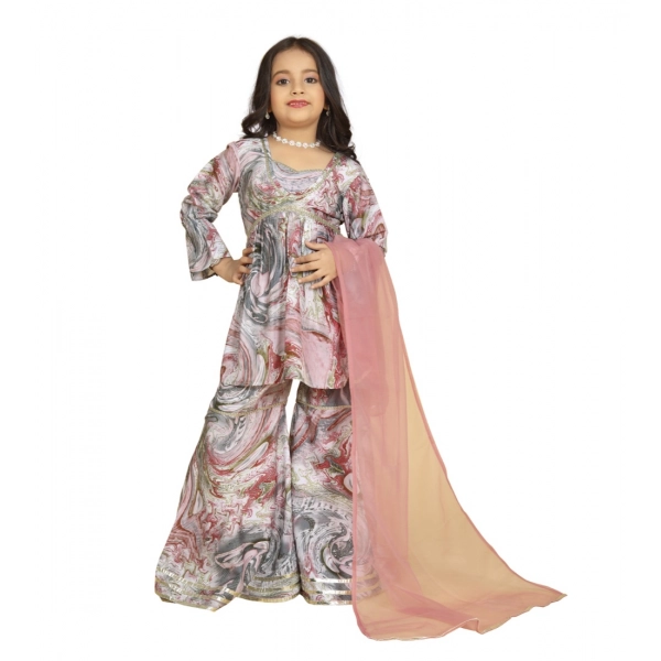 Dropship Girl's Maslin Embrodrery Lace Aliya Cut Top With Sharara Dupatta Set (Pink)