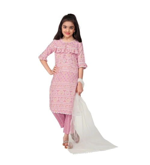 Girl's Cotton Printed Kurtis With Bottom Dupatta Set (Baby Pink)