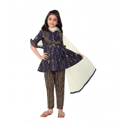 Girl's Cotton Printed Kurti With Bottom Dupatta Set (Dark Blue)