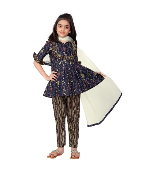 Girl's Cotton Printed Kurti With Bottom Dupatta Set (Dark Blue)