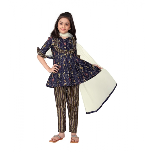 Dropship Girl's Cotton Printed Kurti With Bottom Dupatta Set (Dark Blue)