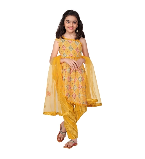 Girl's Cotton Printed Kurti With Bottom Dupatta Set (Yellow)