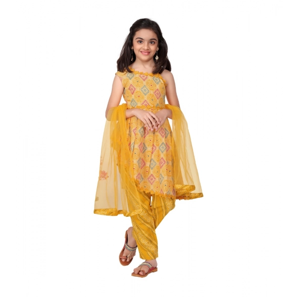 Dropship Girl's Cotton Printed Kurti With Bottom Dupatta Set (Yellow)