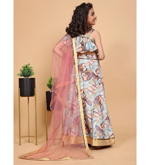 Girl's Chiffon Printed Lehenga Choli Set (Blue)