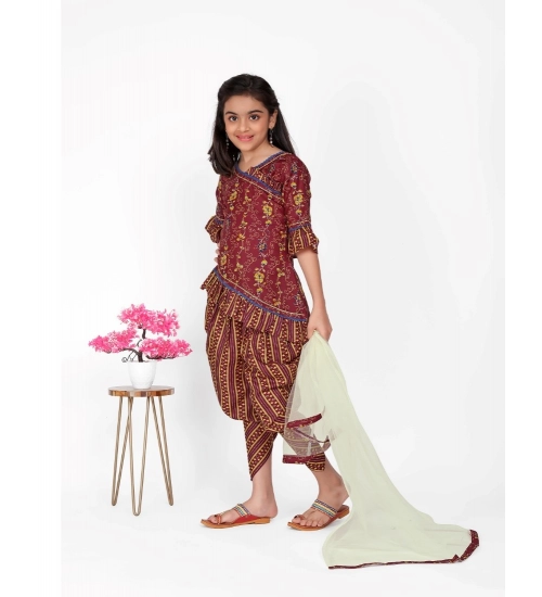 Girl's Cotton Printed Kurtis With Dhoti Dupatta Set (Maroon)