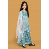 Dropship Girl's Silk Blend Floral Prinded Shiffli Lace Top Sharara Dupatta Set (Teal)
