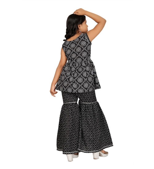 Girl's Cotton Rayon Printed Top And Sharara Set (Black)