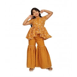 Girl's Cotton Rayon Printed Top And Sharara Set (Mustard)