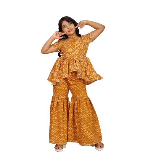 Girl's Cotton Rayon Printed Top And Sharara Set (Mustard)