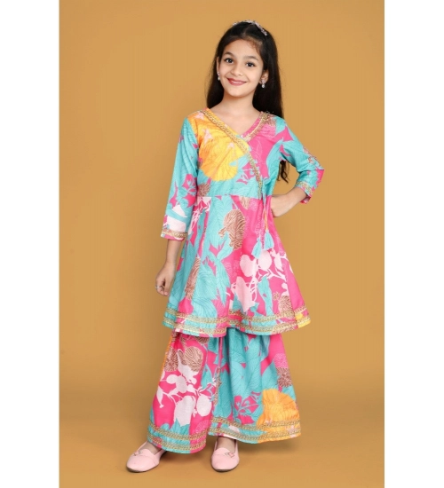 Girl's Rayon Printed Codding Lace Anarkali-Style Suit (Multicolor)