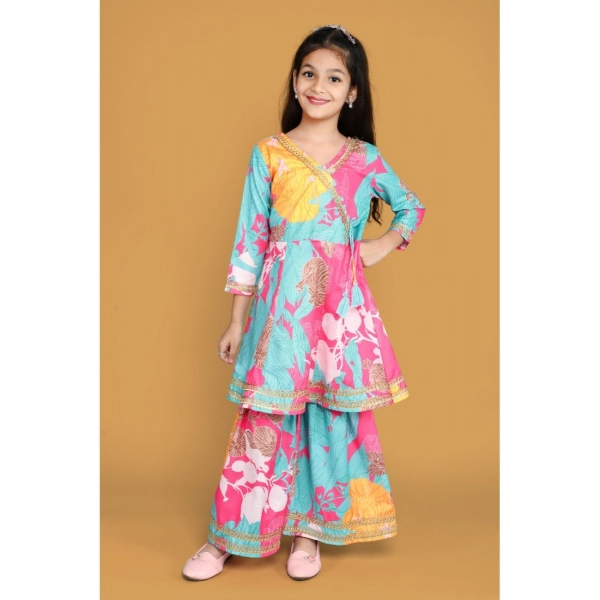 Dropship Girl's Rayon Printed Codding Lace Anarkali-Style Suit (Multicolor)