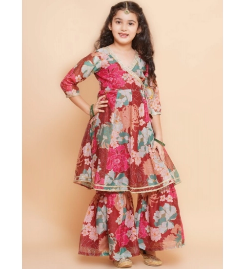 Girl's Rayon Printed Codding Lace Anarkali-Style Suit (Maroon)
