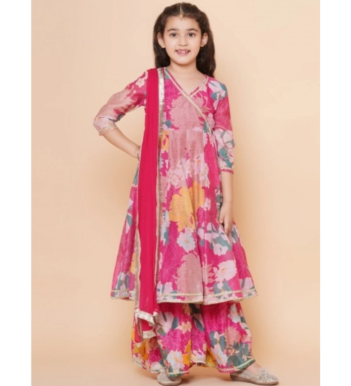 Girl's Rayon Printed Codding Lace Anarkali-Style Suit (Pink)
