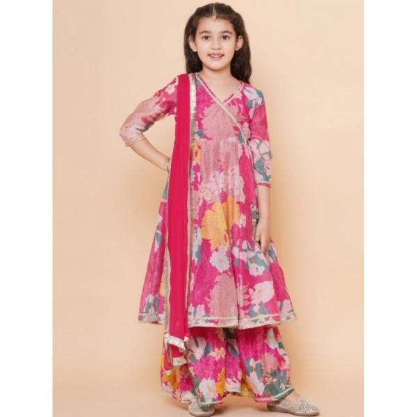 Dropship Girl's Rayon Printed Codding Lace Anarkali-Style Suit (Pink)