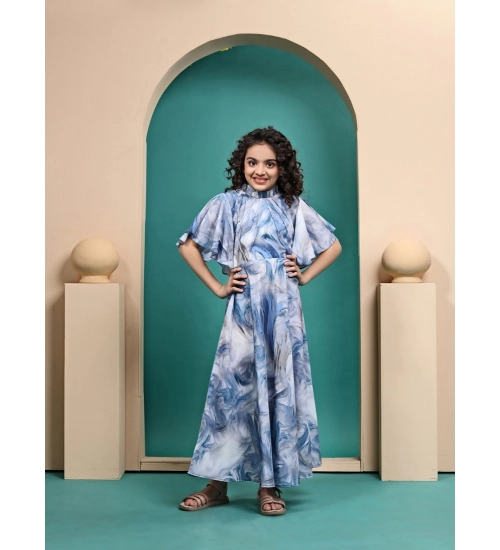 Girl's Maslin Printed Maxi Length Dress (Sky Blue)