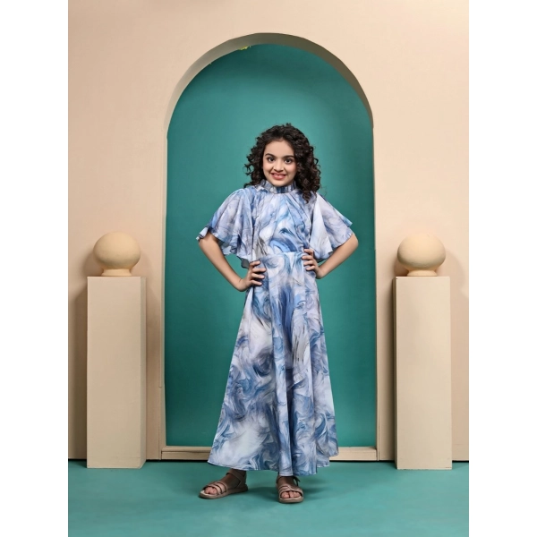 Dropship Girl's Maslin Printed Maxi Length Dress (Sky Blue)
