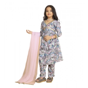 Generic Girl's Maslin Embrodrery Lace Aliya Cut Top With Bottom Dupatta Set (Grey)