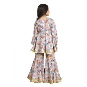Generic Girl's Maslin Embrodrery Lace Aliya Cut Top With Sharara Dupatta Set (Baby Pink)