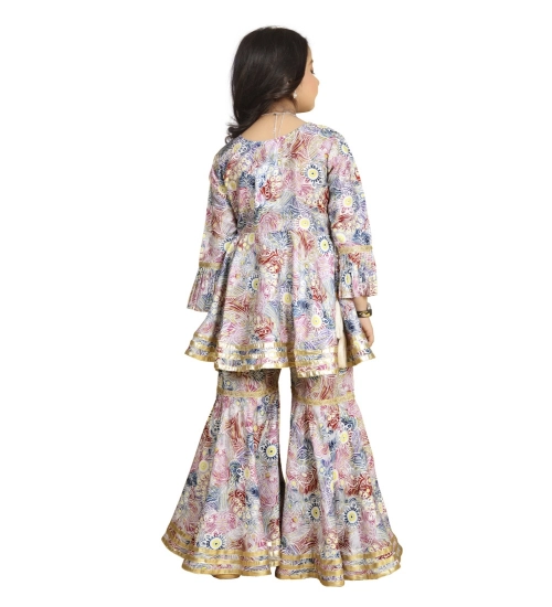 Girl's Maslin Embrodrery Lace Aliya Cut Top With Sharara Dupatta Set (Baby Pink)