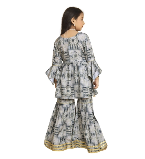 Girl's Maslin Embrodrery Lace Aliya Cut Top With Sharara Dupatta Set (Grey)