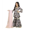 Dropship Girl's Maslin Embrodrery Lace Aliya Cut Top With Sharara Dupatta Set (Grey Pink)