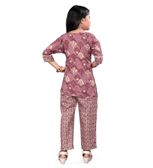 Girl's Cotton Printed Top With Bottom Set (Purple)