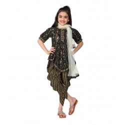 Girl's Cotton Printed Kurtis With Dhoti Dupatta Set (Black)