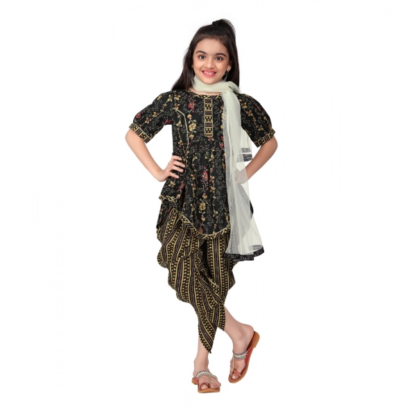 Dropship Girl's Cotton Printed Kurtis With Dhoti Dupatta Set (Black)