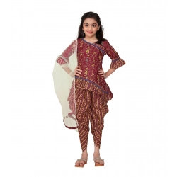 Girl's Cotton Printed Kurtis With Dhoti Dupatta Set (Maroon)