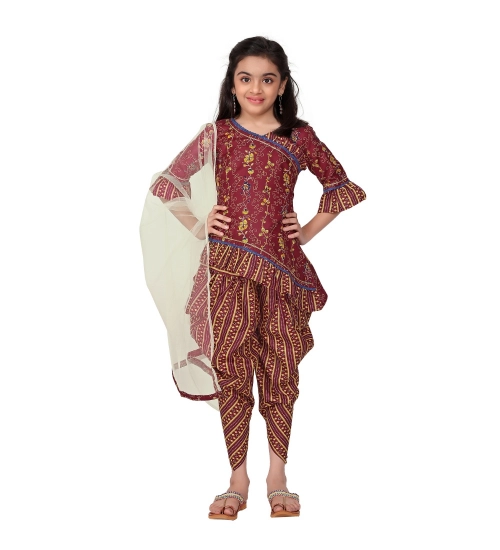 Girl's Cotton Printed Kurtis With Dhoti Dupatta Set (Maroon)