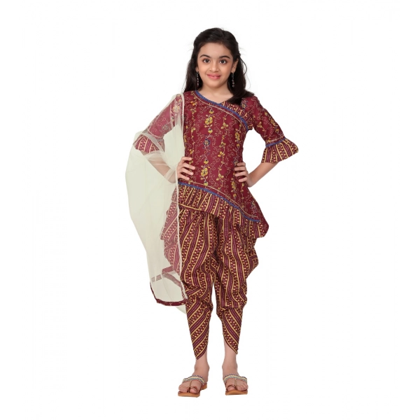Dropship Girl's Cotton Printed Kurtis With Dhoti Dupatta Set (Maroon)