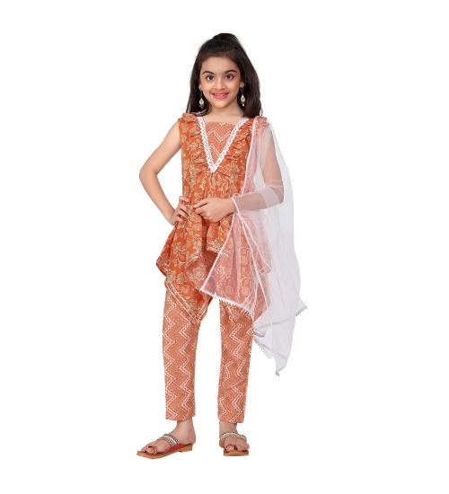 Girl's Cotton Printed Kurti With Bottom Dupatta Set (Orange)