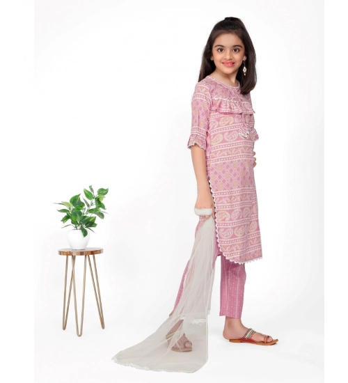 Girl's Cotton Printed Kurtis With Bottom Dupatta Set (Baby Pink)