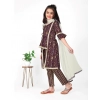 Dropship Girl's Cotton Embrodrery Lace Shrug Kurti With Bottom Dupatta Set (Maroon)