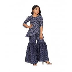 Girl's Cotton Rayon Printed Top And Sharara Set (Blue)