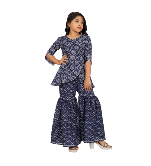 Girl's Cotton Rayon Printed Top And Sharara Set (Blue)