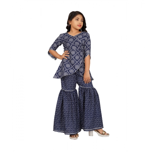 Dropship Girl's Cotton Rayon Printed Top And Sharara Set (Blue)