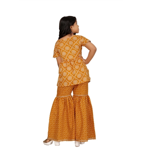 Girl's Cotton Rayon Printed Top And Sharara Set (Mustard)