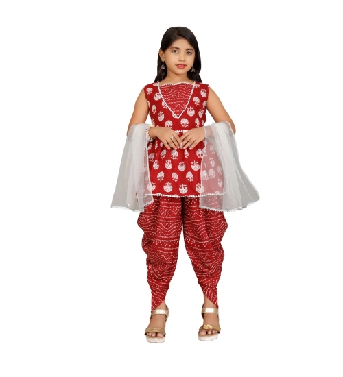 Girl's Cotton Rayon Printed Top And Dhoti With Dupatta Set (Maroon)
